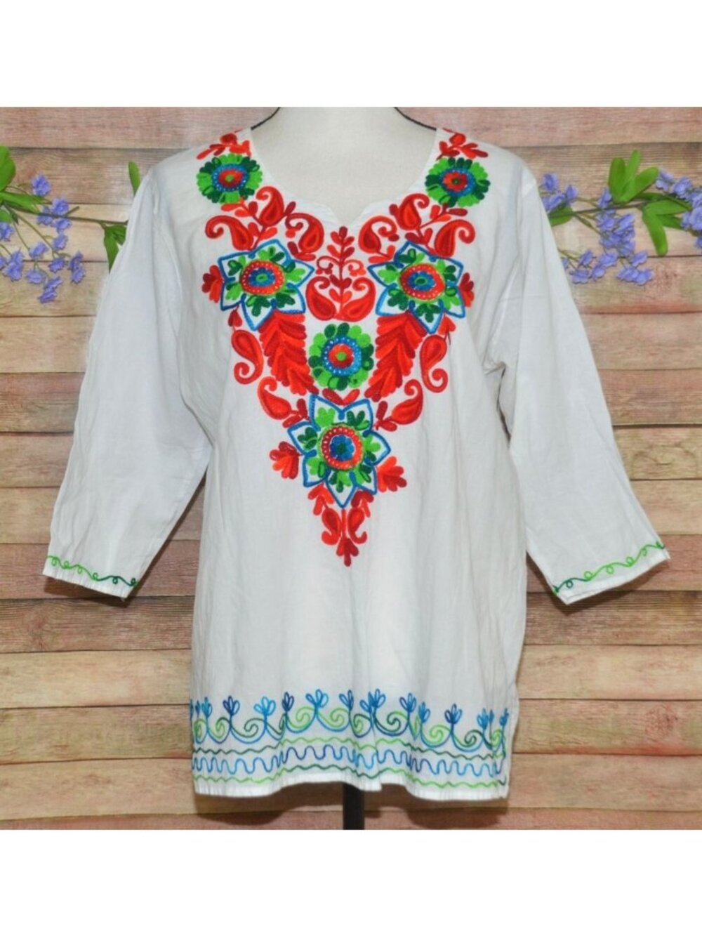 Royal Moda Mexican Embroidered Blouse Tunic Top One Size S M L 3/4 Sleeve
